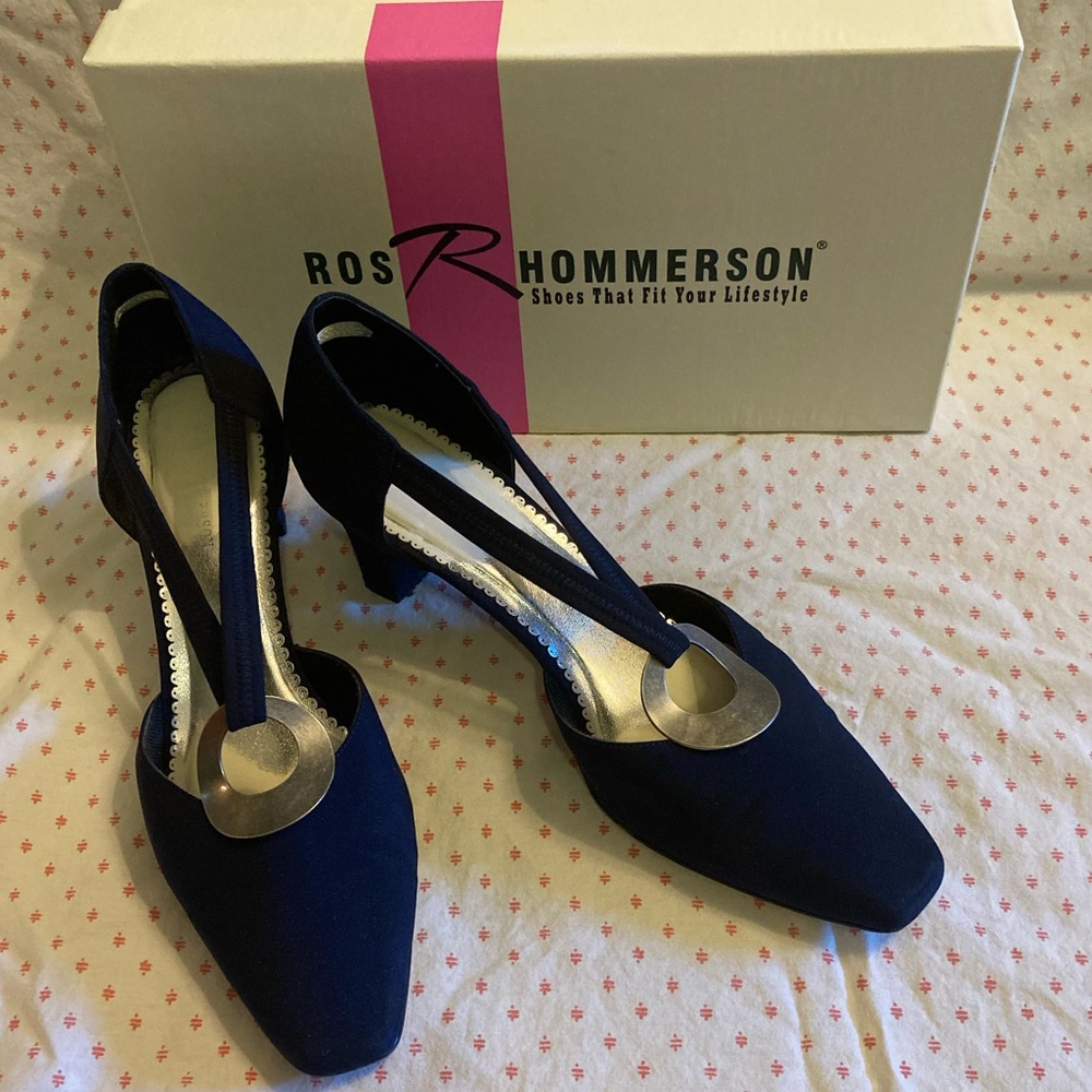 Slightly worn navy blue heels by Ros Hommerson